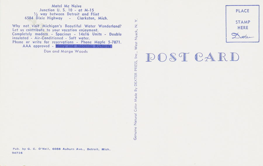 Motel McNeive (Oakland Motel) - Vintage Postcard (newer photo)